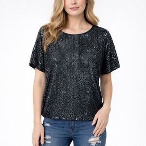 Sequin Top Black H&M Short Sleeve Lined Party Disco Glam Small Dance New Year